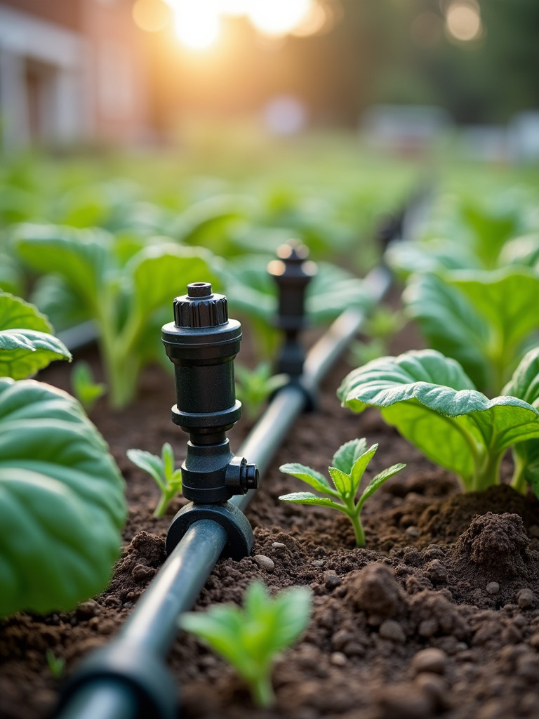 A garden photo showcasing an automated drip irrigation system set up in a vegetable garden.