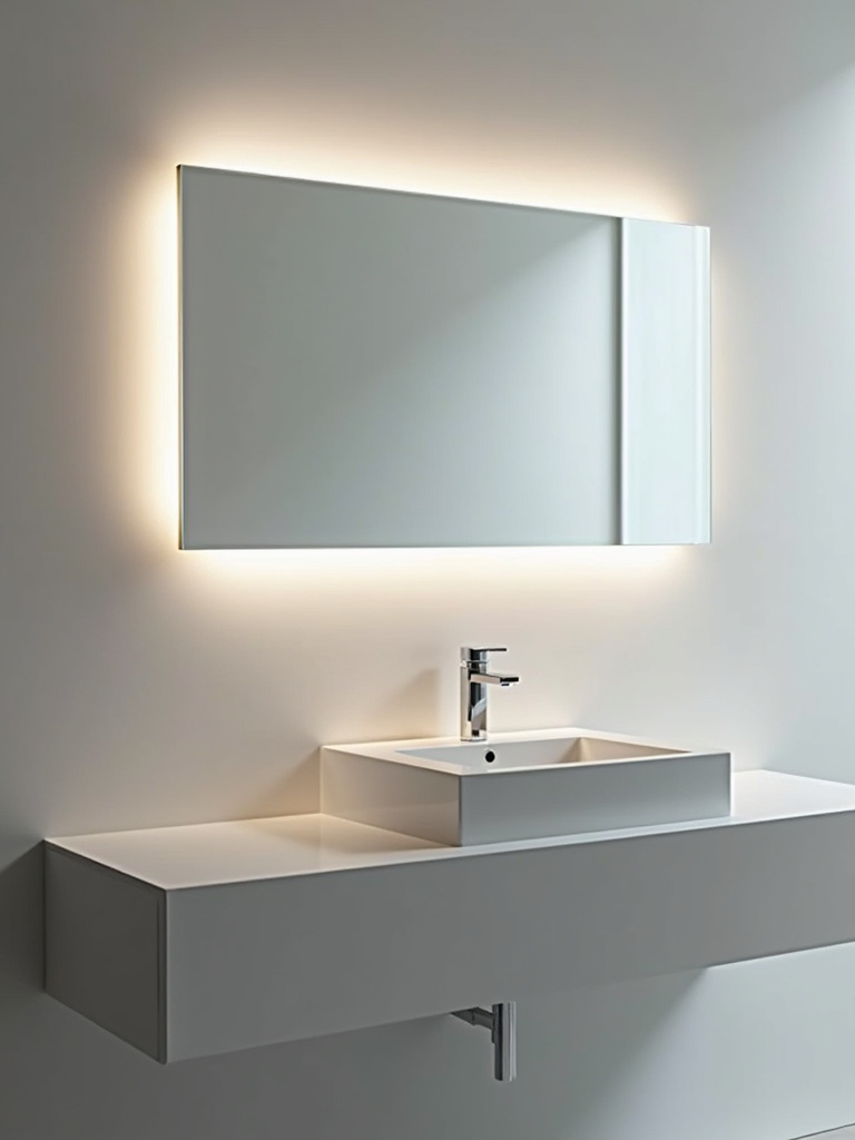 Modern bathroom with a large, backlit mirror glowing on the wall