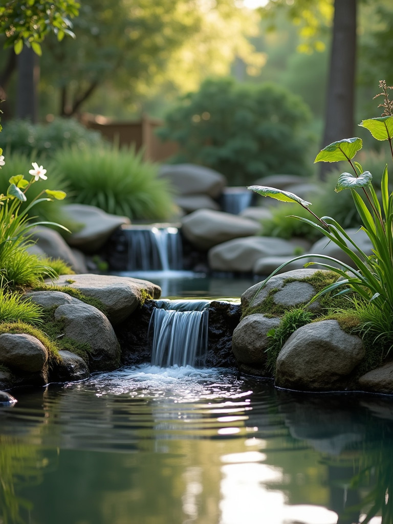 A peaceful backyard pond with a small waterfall