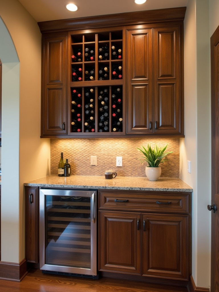 Kitchen bar with built-in wine refrigerator and dedicated wine bottle storage.