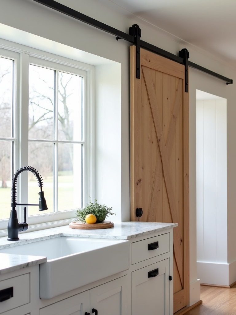 Farmhouse kitchen with a white cabinet featuring a wood panel barn door and black hardware.