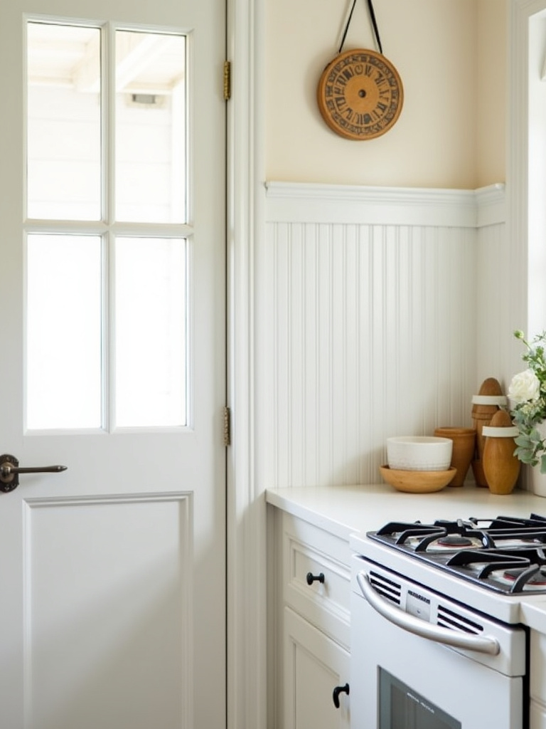 A white beadboard backsplash in a small cottage kitchen with natural lighting and counter with kitchenware.