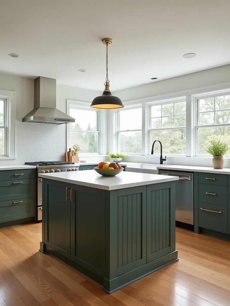 Modern farmhouse kitchen with dark green beadboard cabinets on a kitchen island