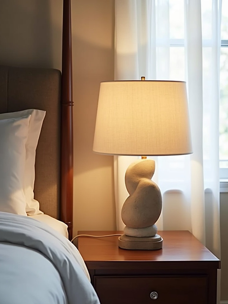 A bedside table lamp with a unique ceramic base on a wooden nightstand