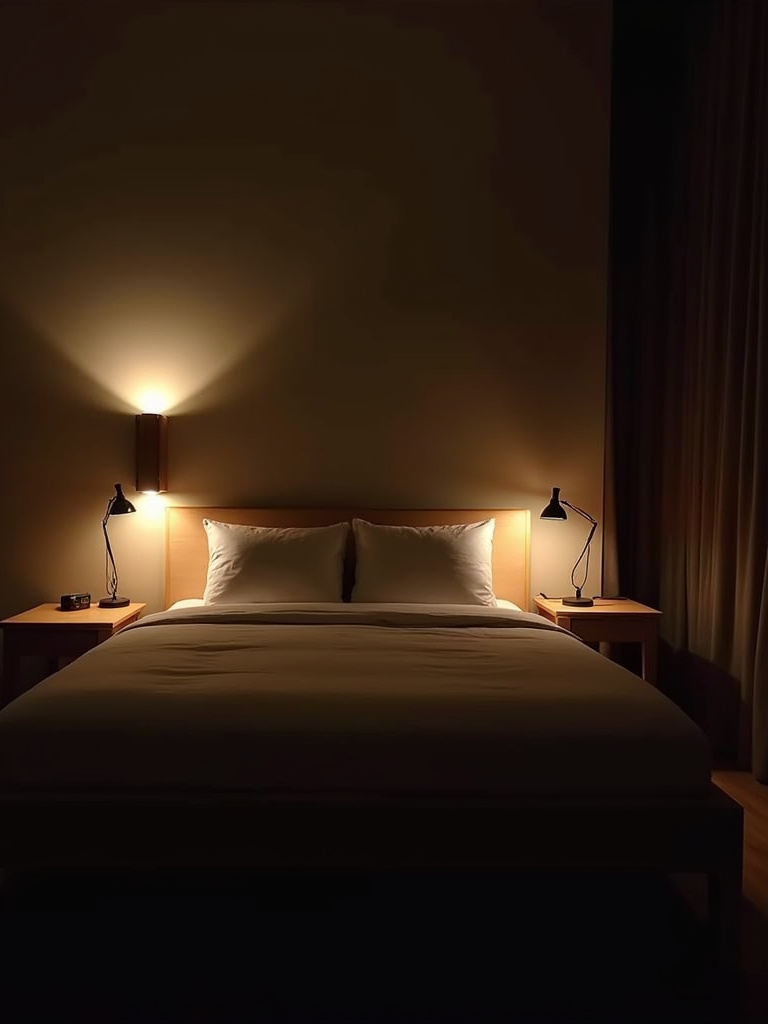 Bedside table lamps cast a warm, comforting glow over a relaxed bedroom at night.
