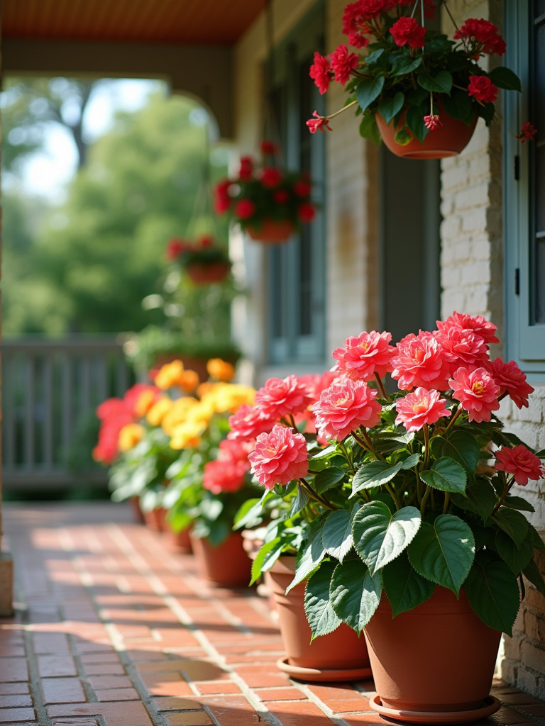 A shaded patio with various begonias in pots and hanging baskets under soft, diffused light