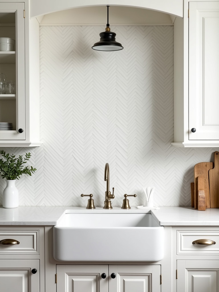 A traditional kitchen with a backsplash of beveled edge tiles, classic white cabinets, and a farmhouse-style sink