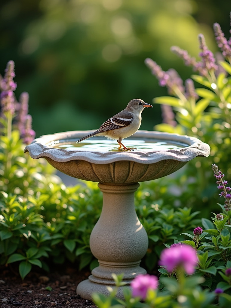 A bird bath surrounded by plants in a garden