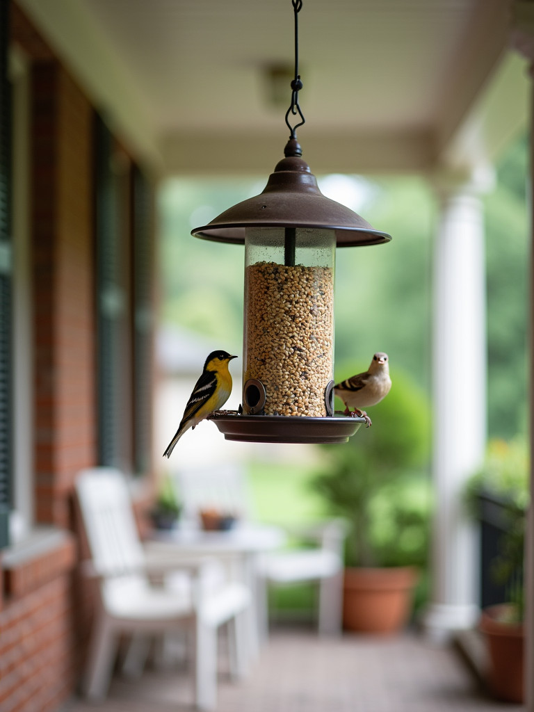 A bird feeder hanging on a back porch with several birds perched on and around it.