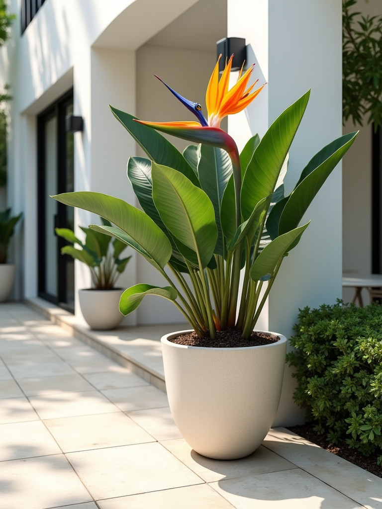 A patio with a mature bird of paradise plant under bright, natural sunlight