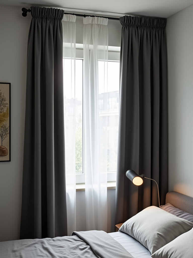 A minimalist bedroom featuring a window with closed blackout curtains, well-lit with even lighting