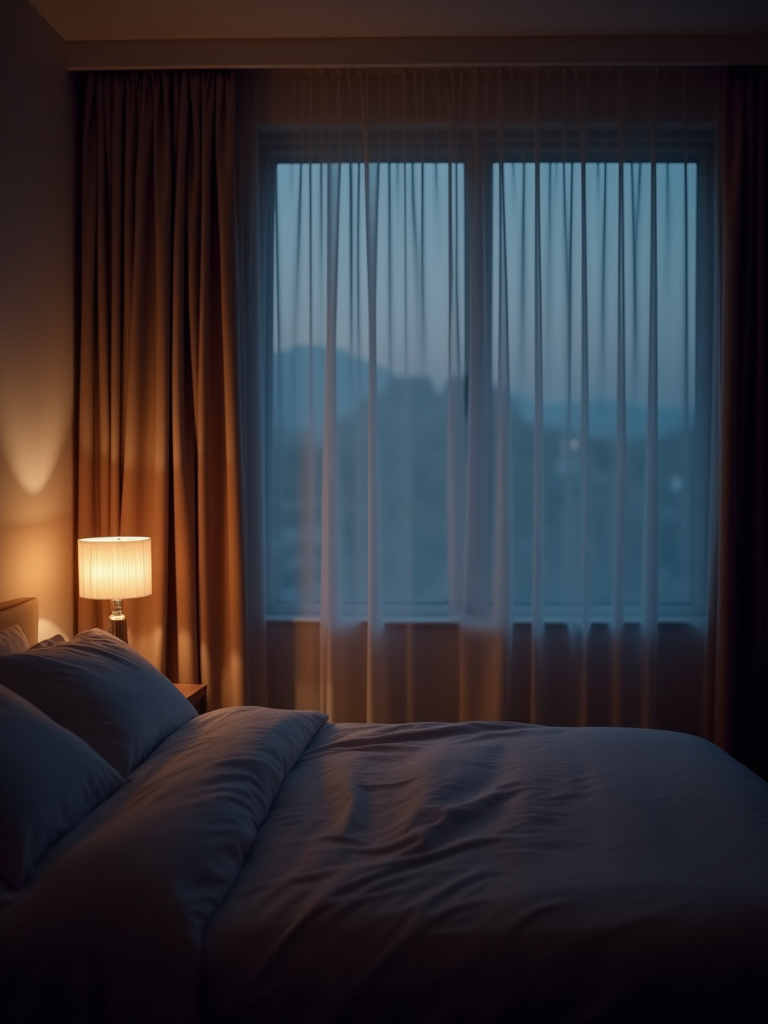 Blackout curtains block external light and promote sleep in this tranquil bedroom scene at dusk.