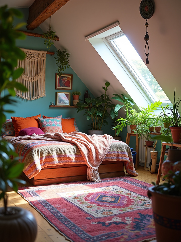 A free-spirited bohemian attic bedroom filled with unique and colorful decor.