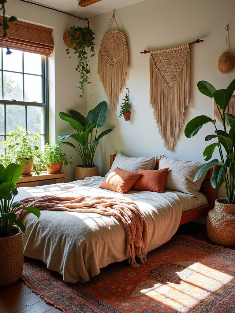 A full bohemian bedroom with layered textiles, potted plants, macrame wall hangings, and a low bed.