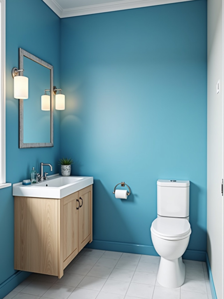 A small bathroom featuring a bold blue accent wall, white fixtures, and a light wood vanity with soft lighting.