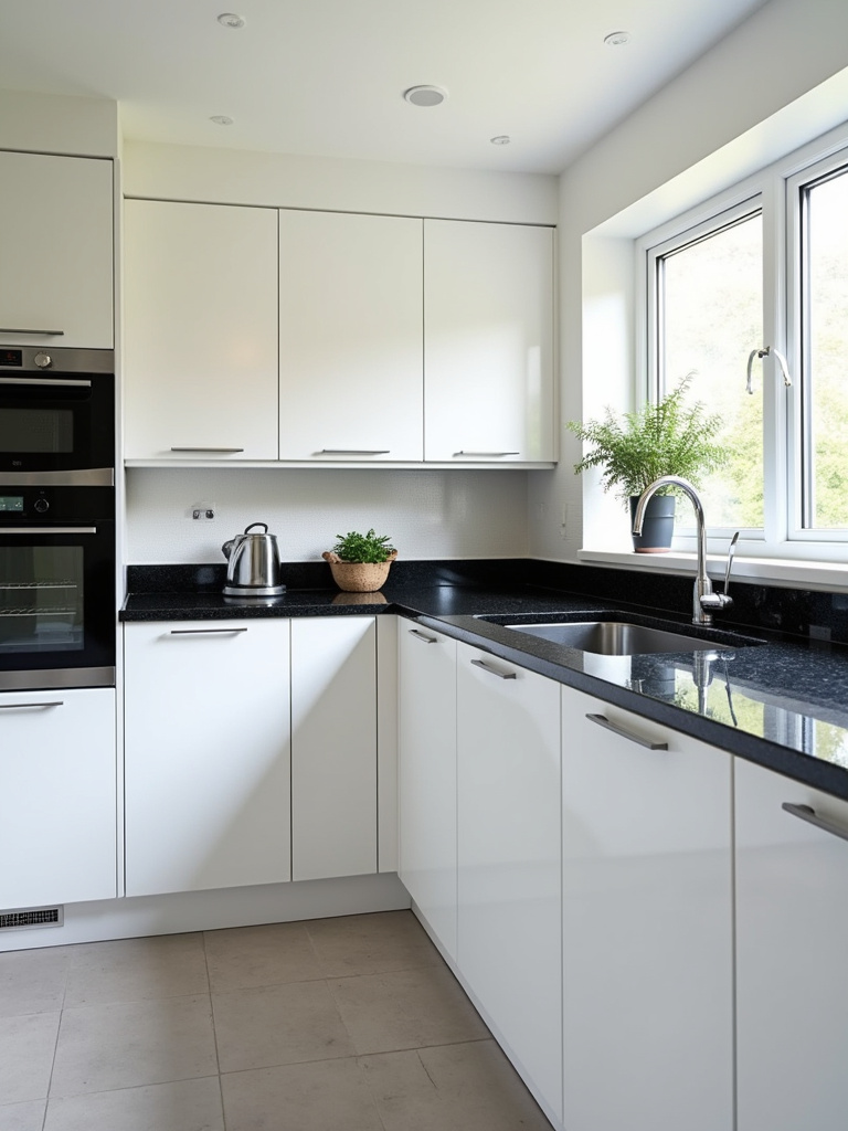 A high-contrast modern kitchen with white cabinets and bold black granite countertops.