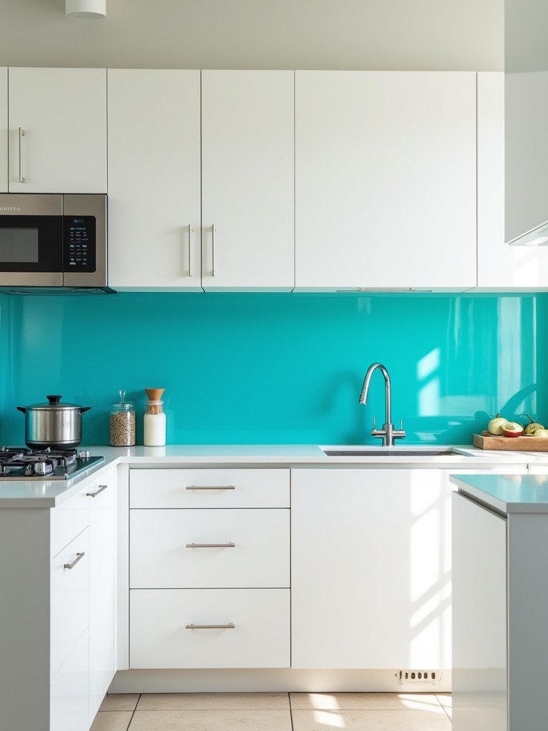 A modern kitchen featuring a bold turquoise backsplash and white cabinets