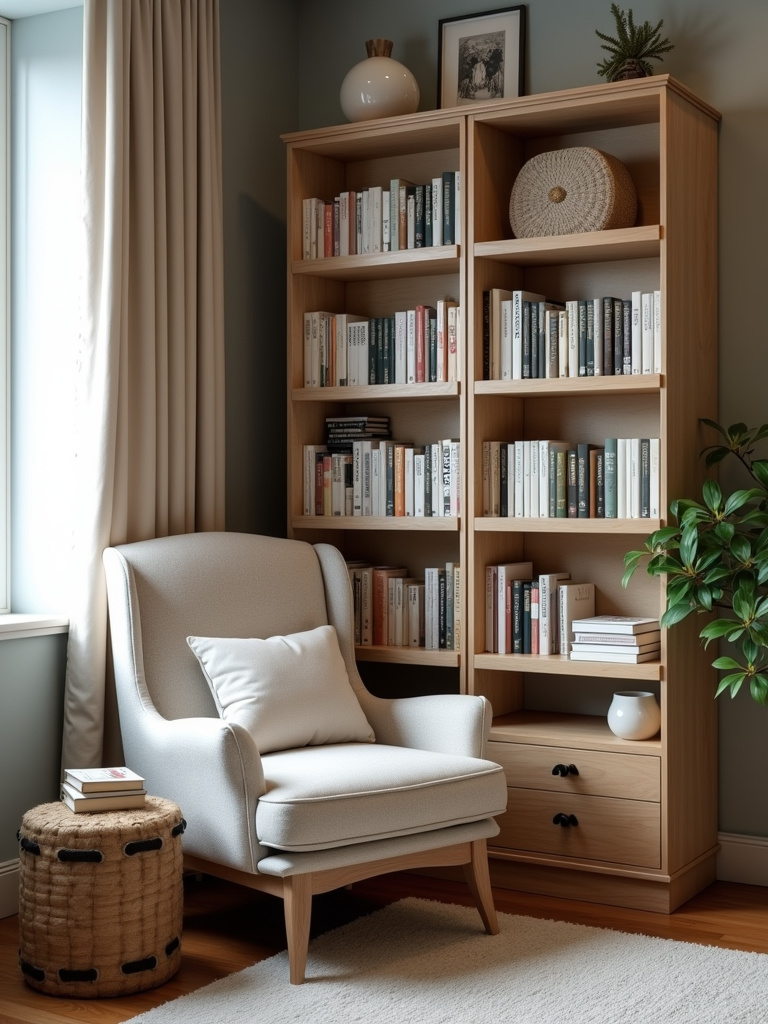 A cozy corner with a bookshelf and an armchair to create a relaxing reading space in a bedroom.