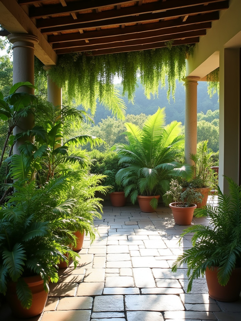 A lush patio with hanging Boston ferns under soft, diffused light