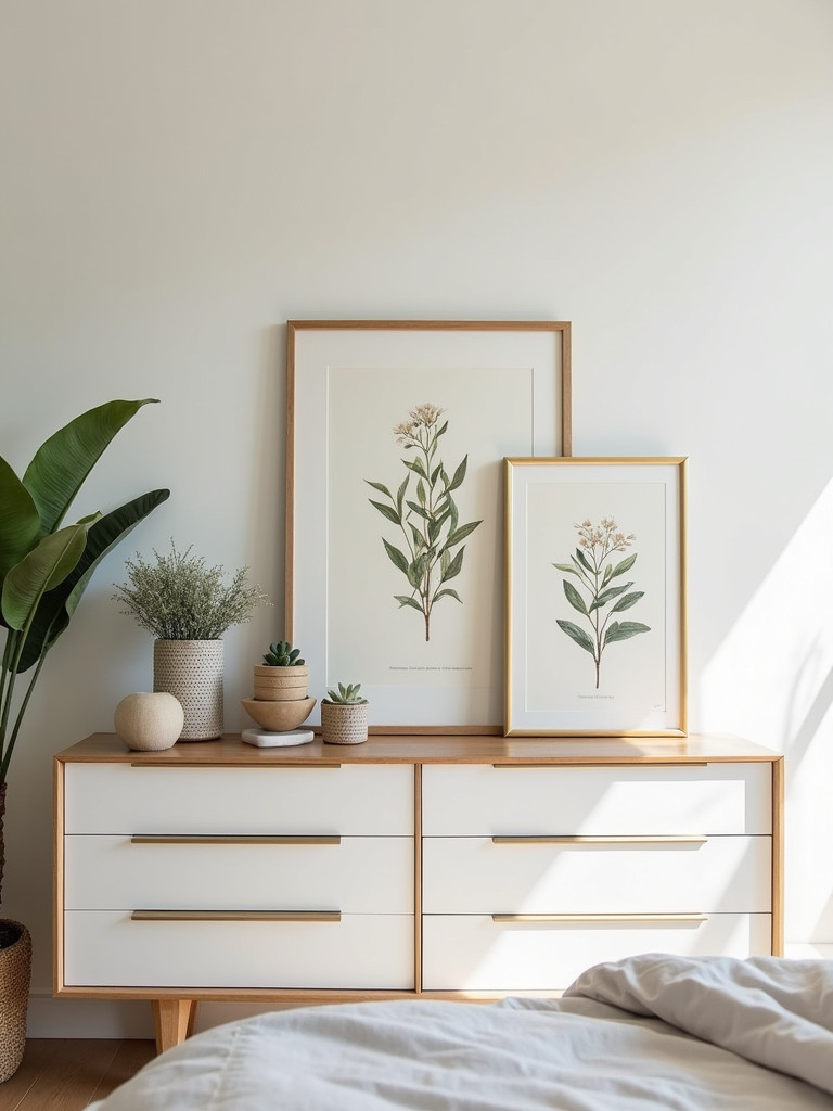 Bedroom with gold framed botanical illustrations above a dresser