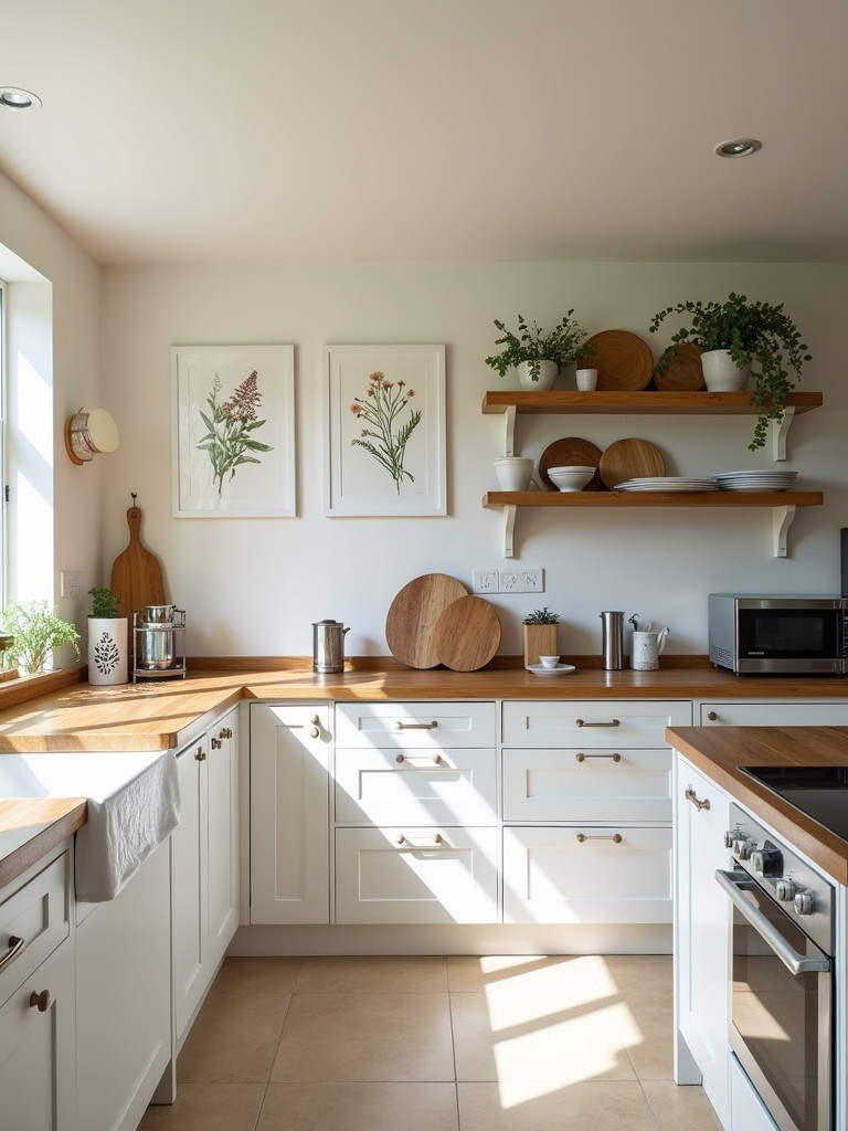 Light and airy kitchen with a wall display of botanical prints.