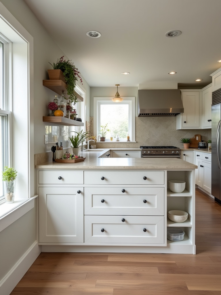 Breakfast bar with built-in drawers and open shelving for a convenient kitchen.
