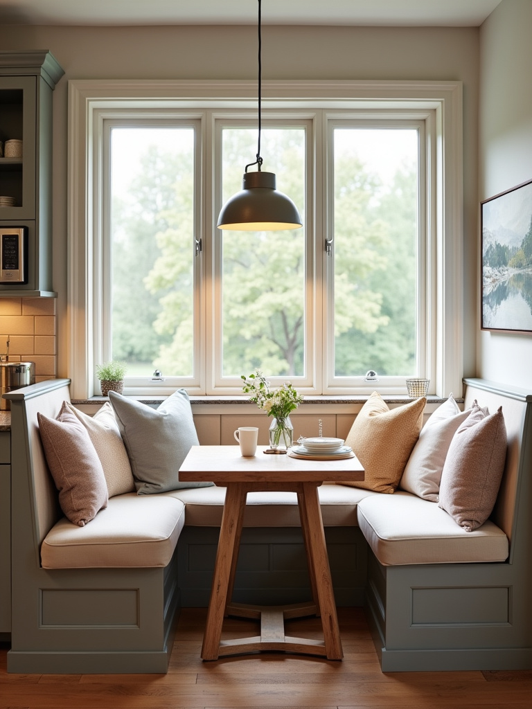 A welcoming kitchen with a built-in breakfast nook bench for cozy morning gatherings.