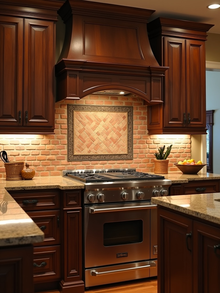 A traditional kitchen featuring a brick veneer backsplash, creating a warm and rustic ambiance