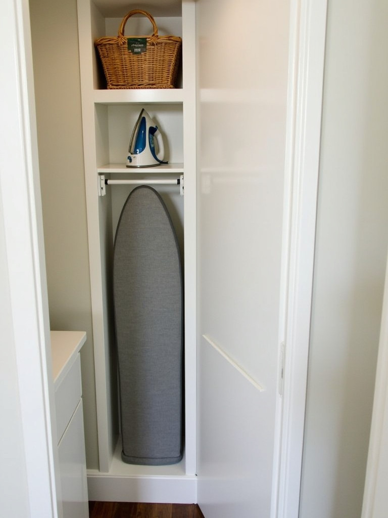 A space-saving built-in ironing board discreetly tucked away in a modern laundry bathroom.