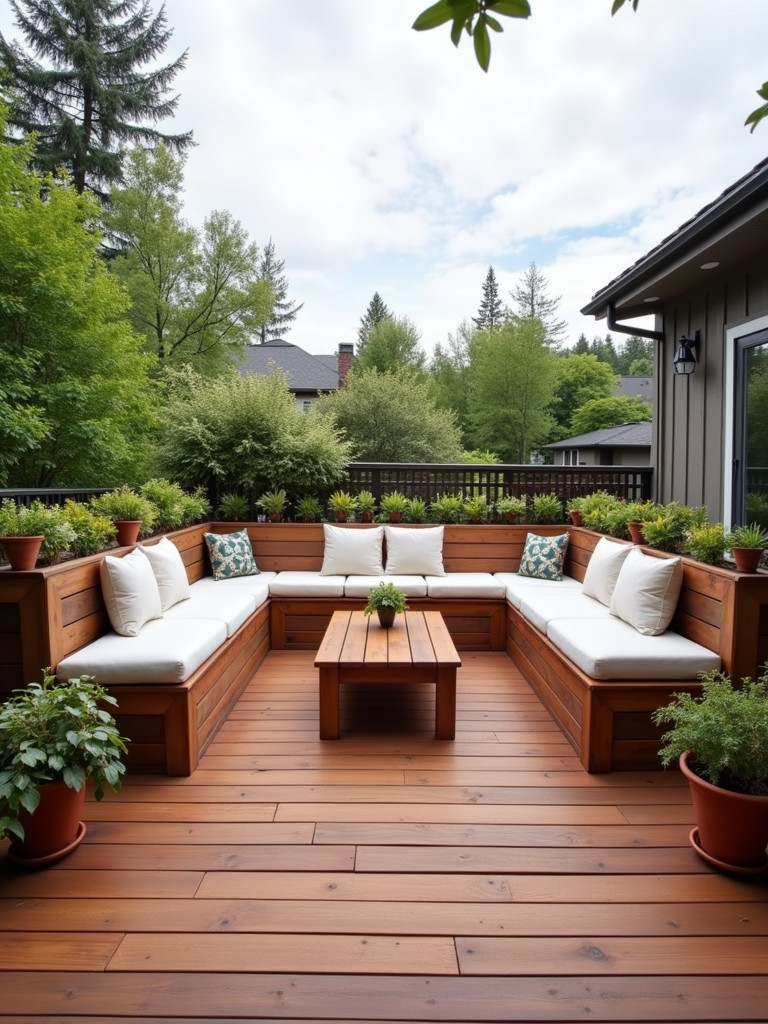 A wooden deck with built-in bench seating around the perimeter, with cushions and potted plants.