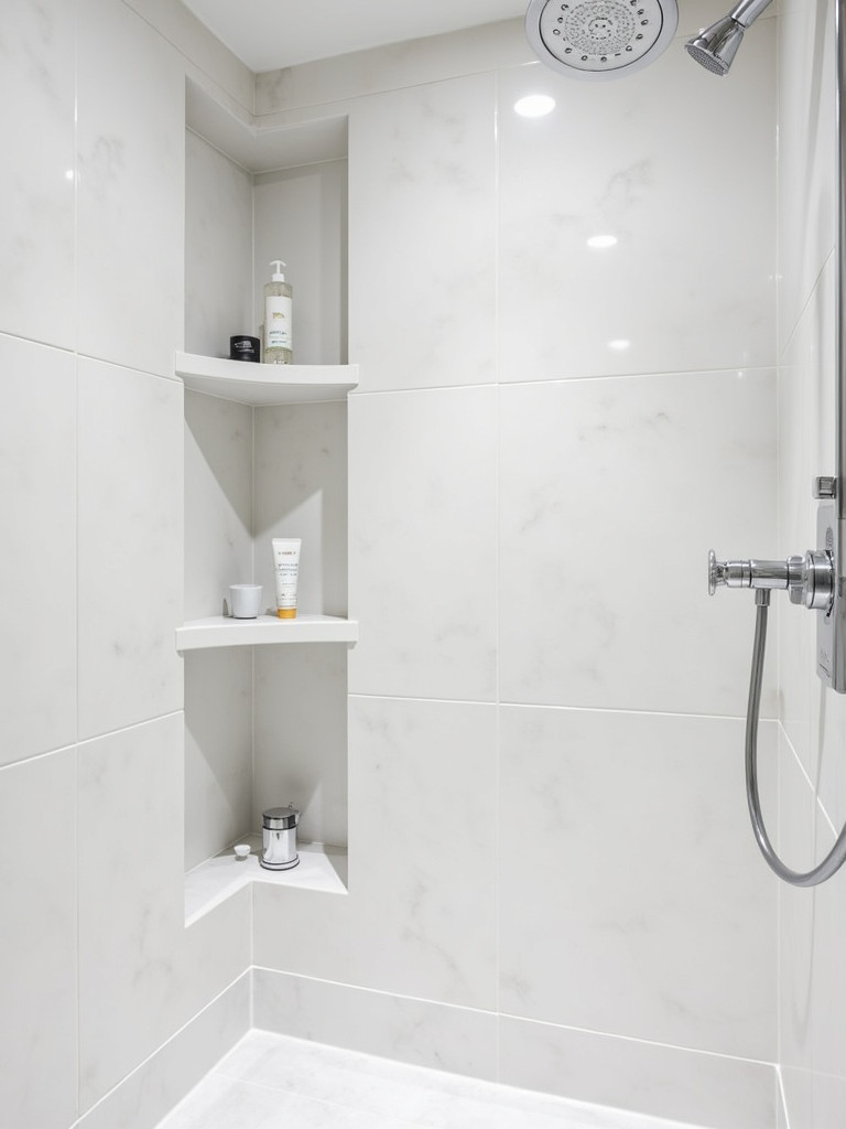 A small bathroom showcasing built-in shelves in a shower niche, complemented by white marble walls and modern fixtures.