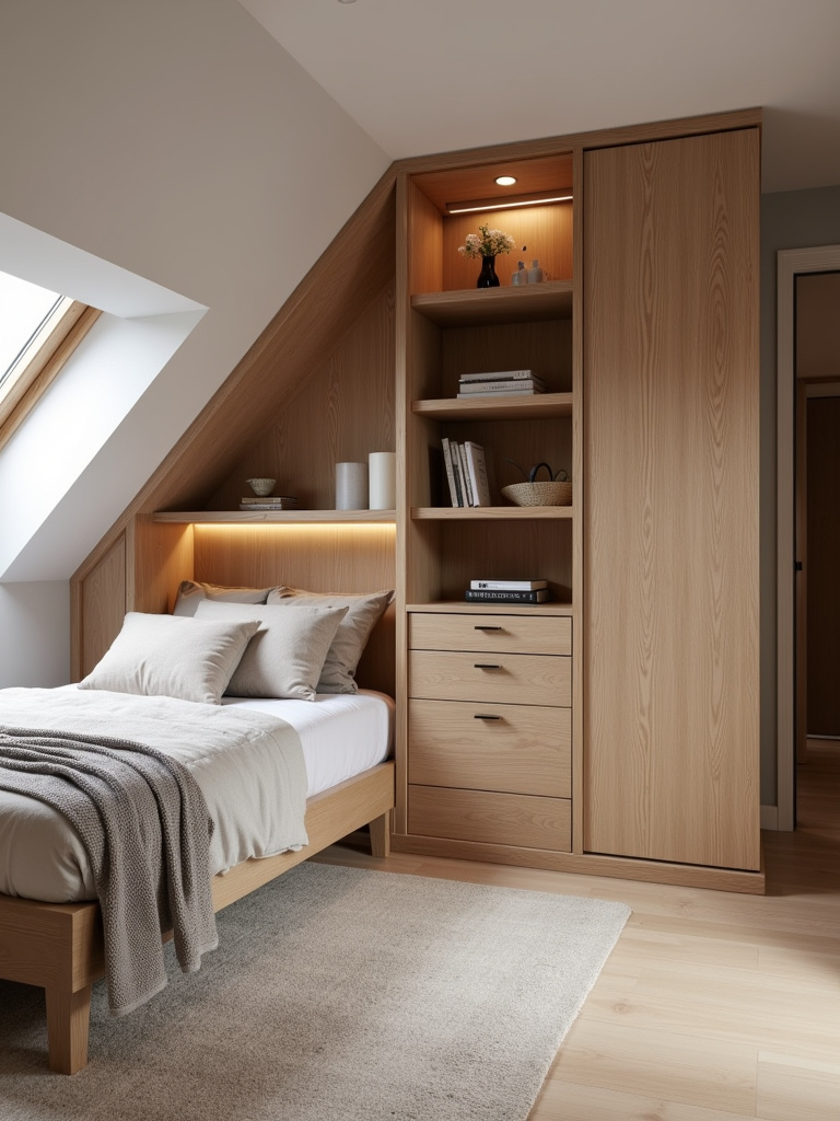 A well-organized attic bedroom featuring custom built-in storage units.