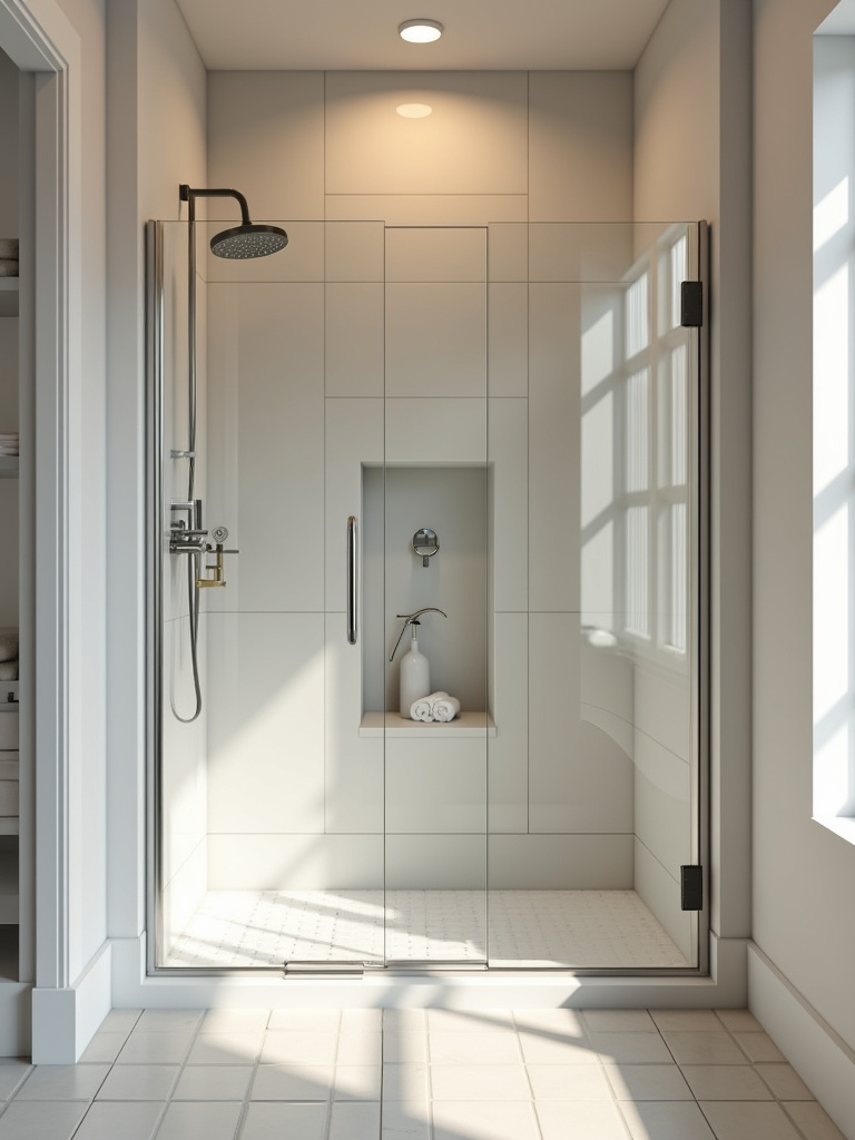A modern shower stall with a built-in niche, creating seamless storage for products.