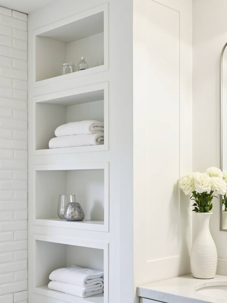 White built-in shelves in a small bathroom holding towels and decor