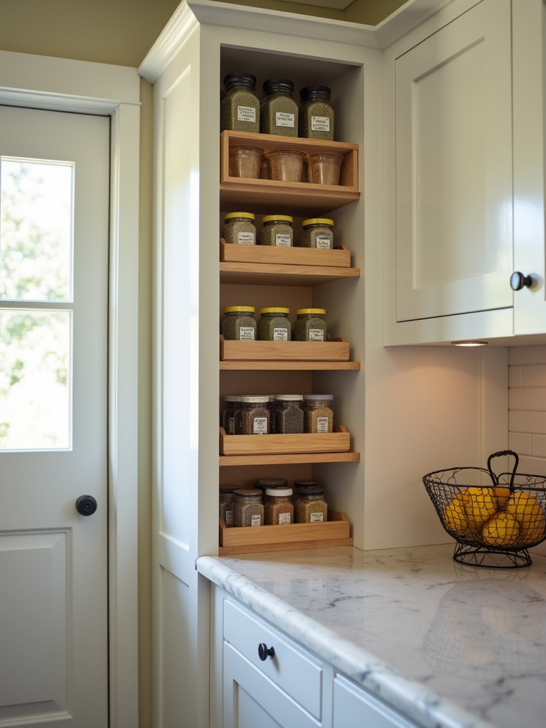 A built-in spice rack within a small cottage kitchen, illuminated with soft, natural light.