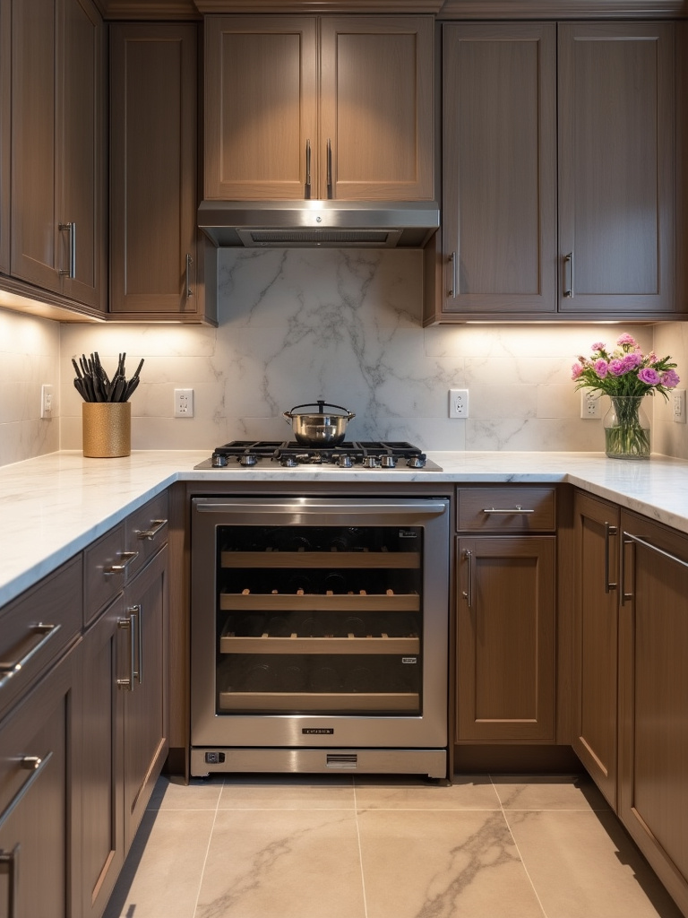 A modern kitchen with a seamless built-in wine fridge for enhanced hosting experiences.