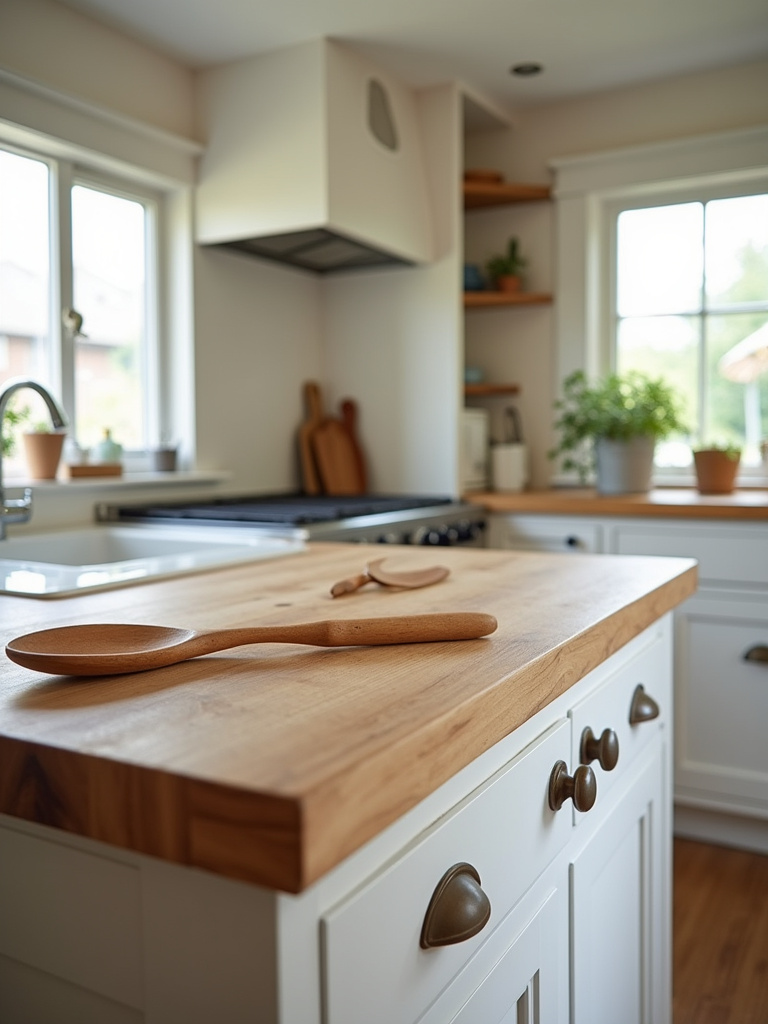 A butcher block countertop with wood handled kitchen tools displayed in a small cottage kitchen bathed in soft natural light.