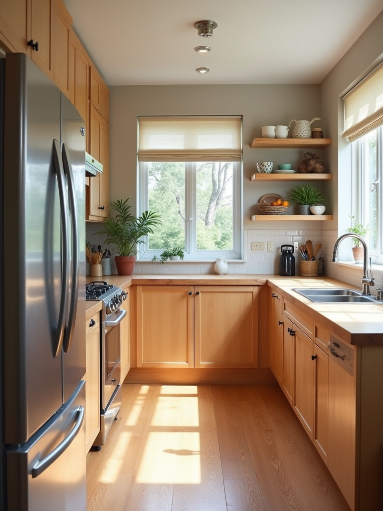 Natural wood kitchen cabinets and butcher block countertops with lots of natural light.