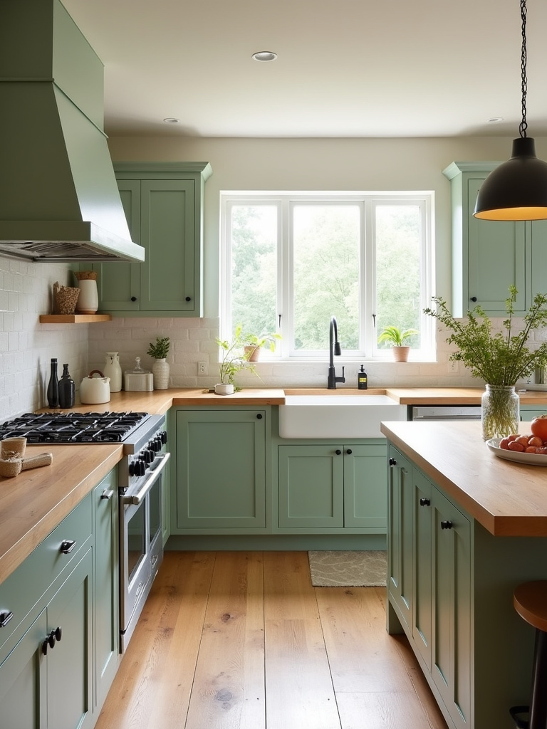 Farmhouse kitchen with soft sage green cabinets and bright wooden countertops with lots of natural light from the window.