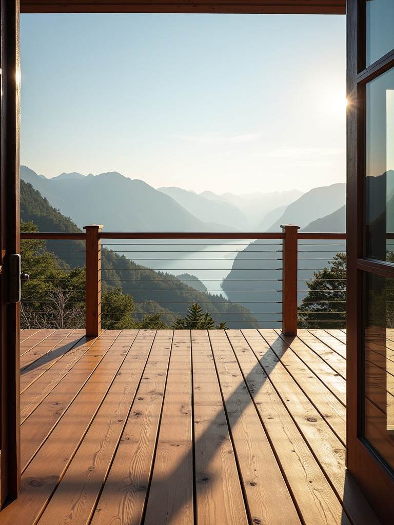A wooden deck with cable railings showcasing an unobstructed scenic view in the background.
