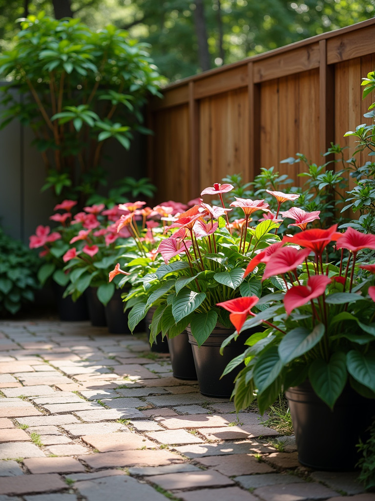 A shaded patio with colorful caladiums in dark pots under soft, diffused light