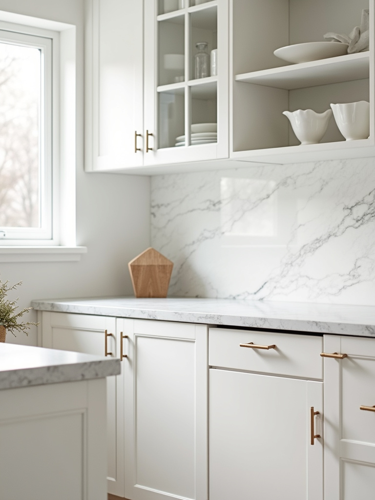 A calm kitchen with white cabinets and light gray marble countertops.