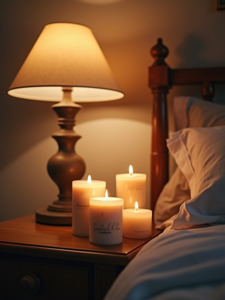 A cozy bedroom bedside table featuring a collection of scented candles creating a warm atmosphere.