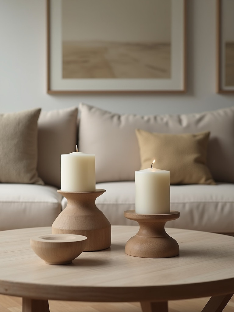 A collection of candle holders arranged on a coffee table in a minimalist living room