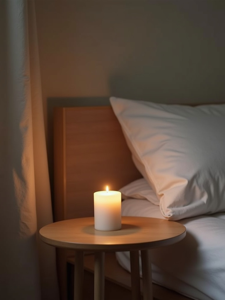 A minimalist bedroom featuring a small lit candle on a nightstand, illuminated with soft, ambient light with a bed visible behind it