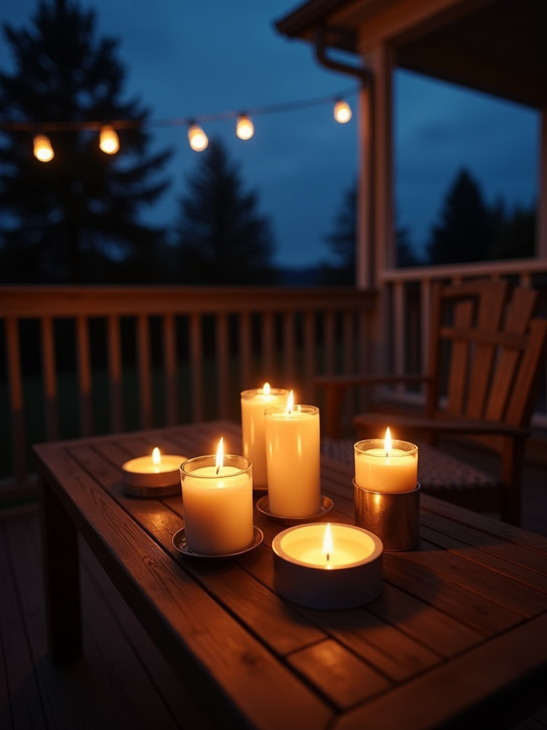 Various candles lit on a back porch table creating a warm glow at dusk.
