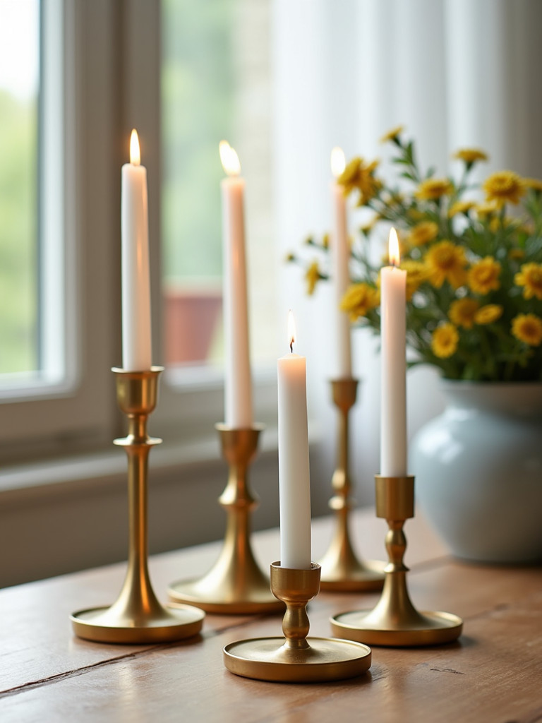 A set of decorative brushed gold candlesticks on a wooden surface in a bedroom