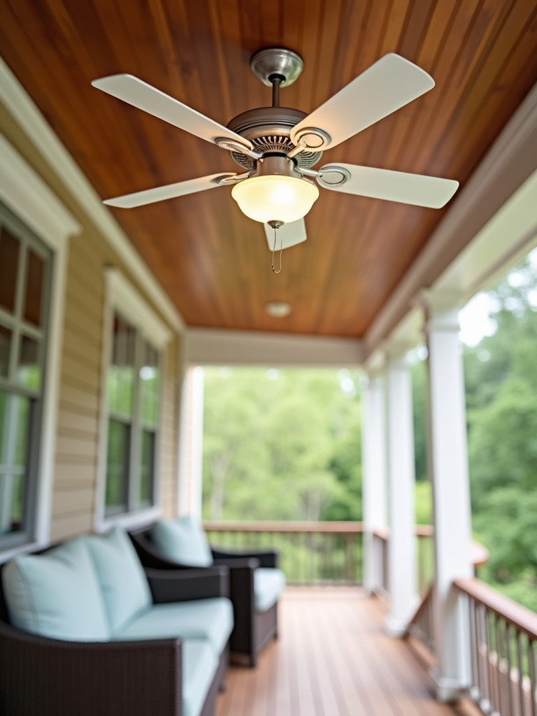 A light-colored ceiling fan mounted on a back porch ceiling in bright natural daylight.