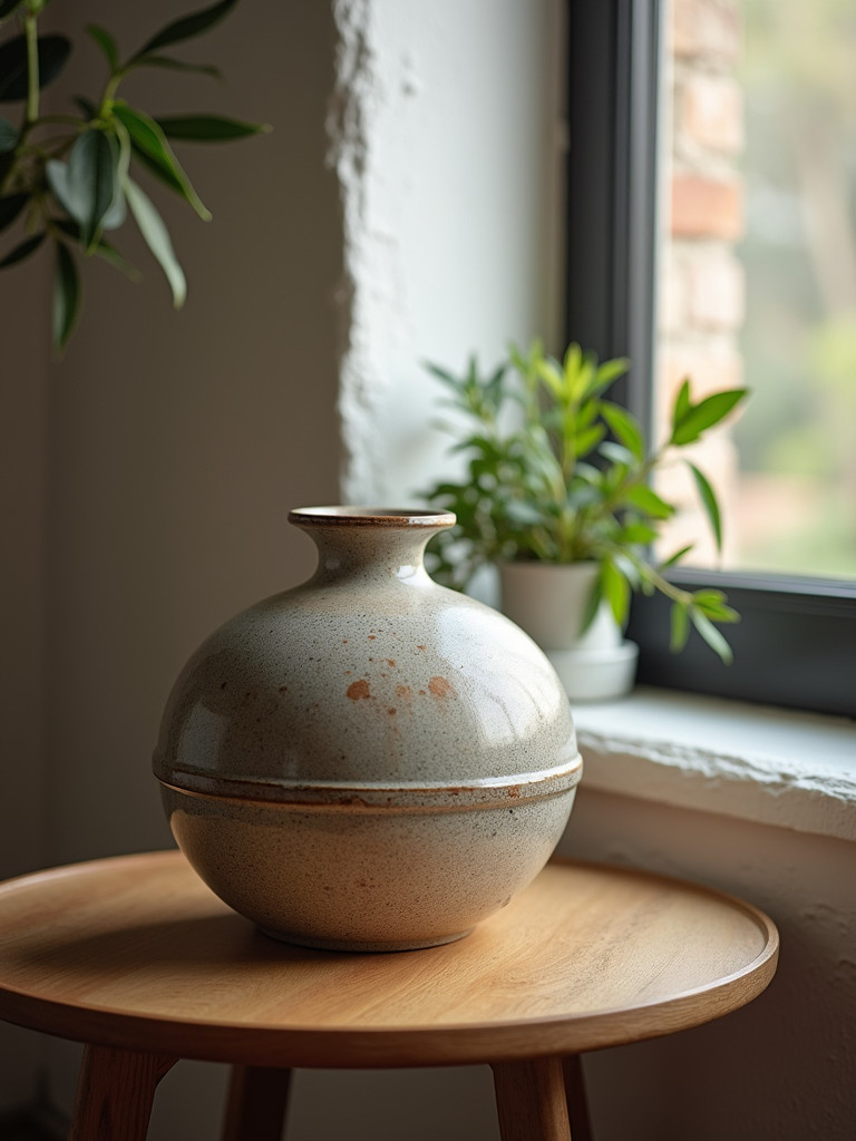 A simple and decorative ceramic vase sits elegantly in a minimalist setting