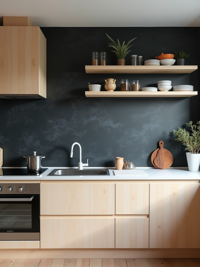 A contemporary kitchen featuring a chalkboard paint backsplash and light wood accents